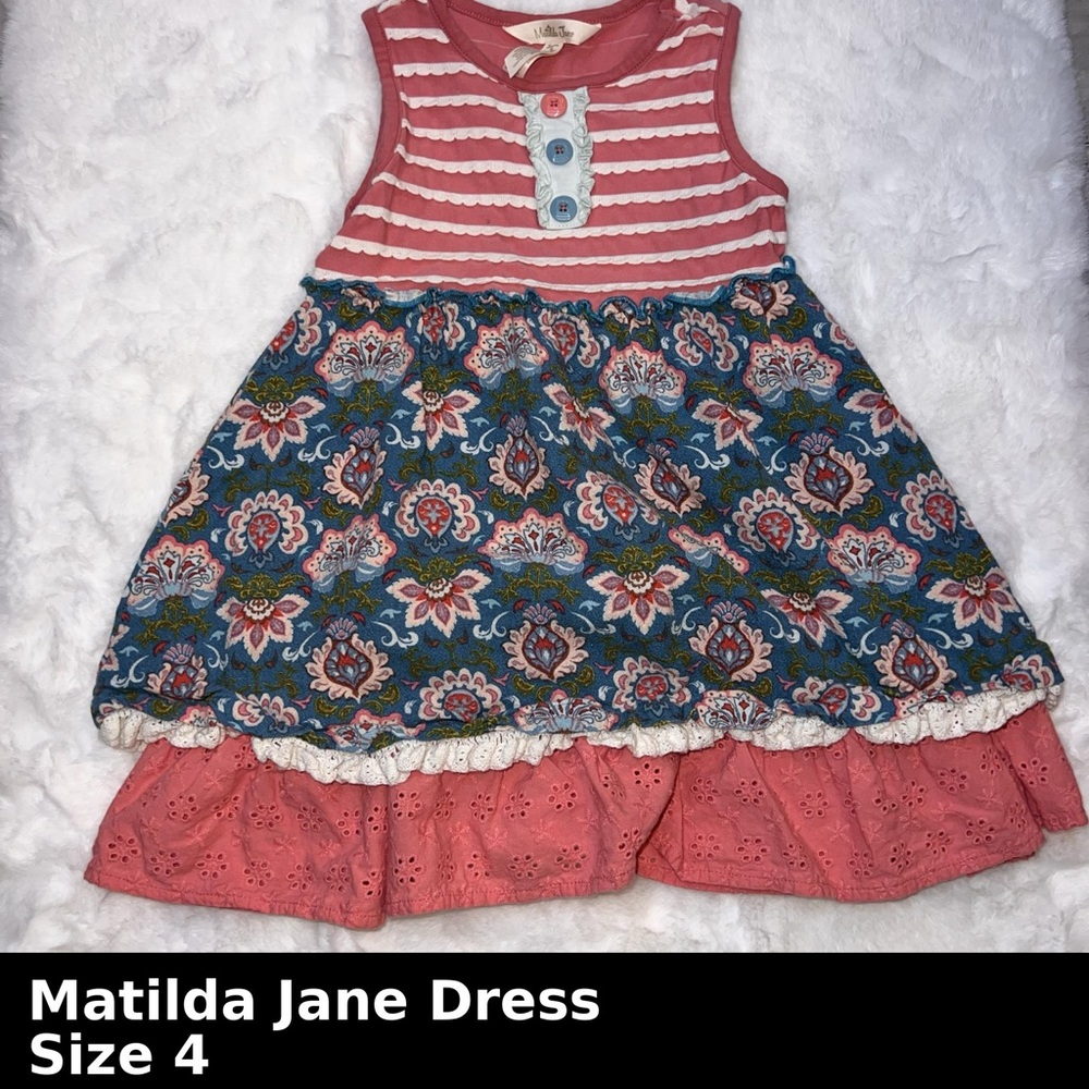 Matilda Jane Girls Dress – Size 4 – Mixed Print with Eyelet Ruffle